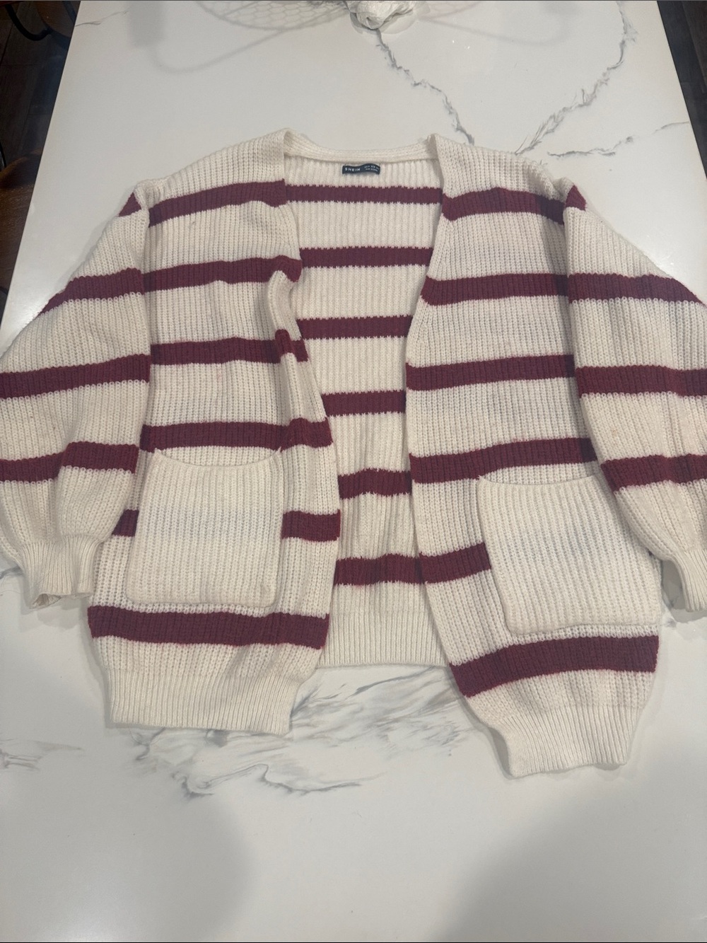 SHEIN Cream and Burgundy Striped Open Cardigan with Pockets